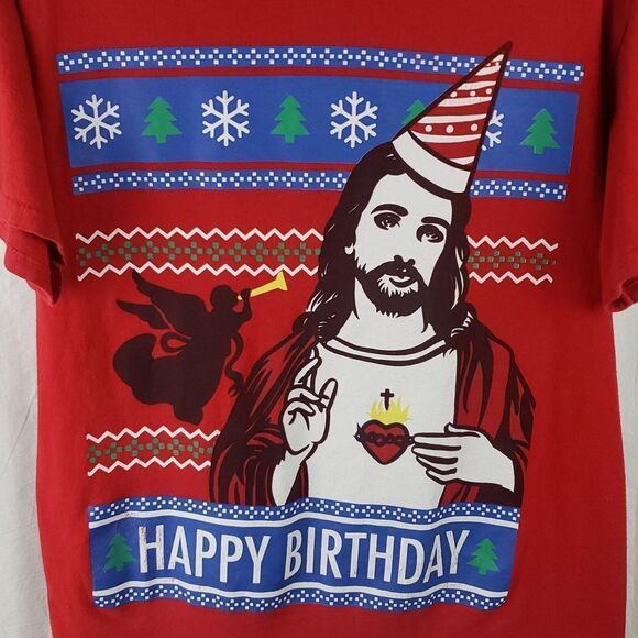 Happy Birthday Jesus Ugly Christmas Red T-Shirt - Picture 2 of 9